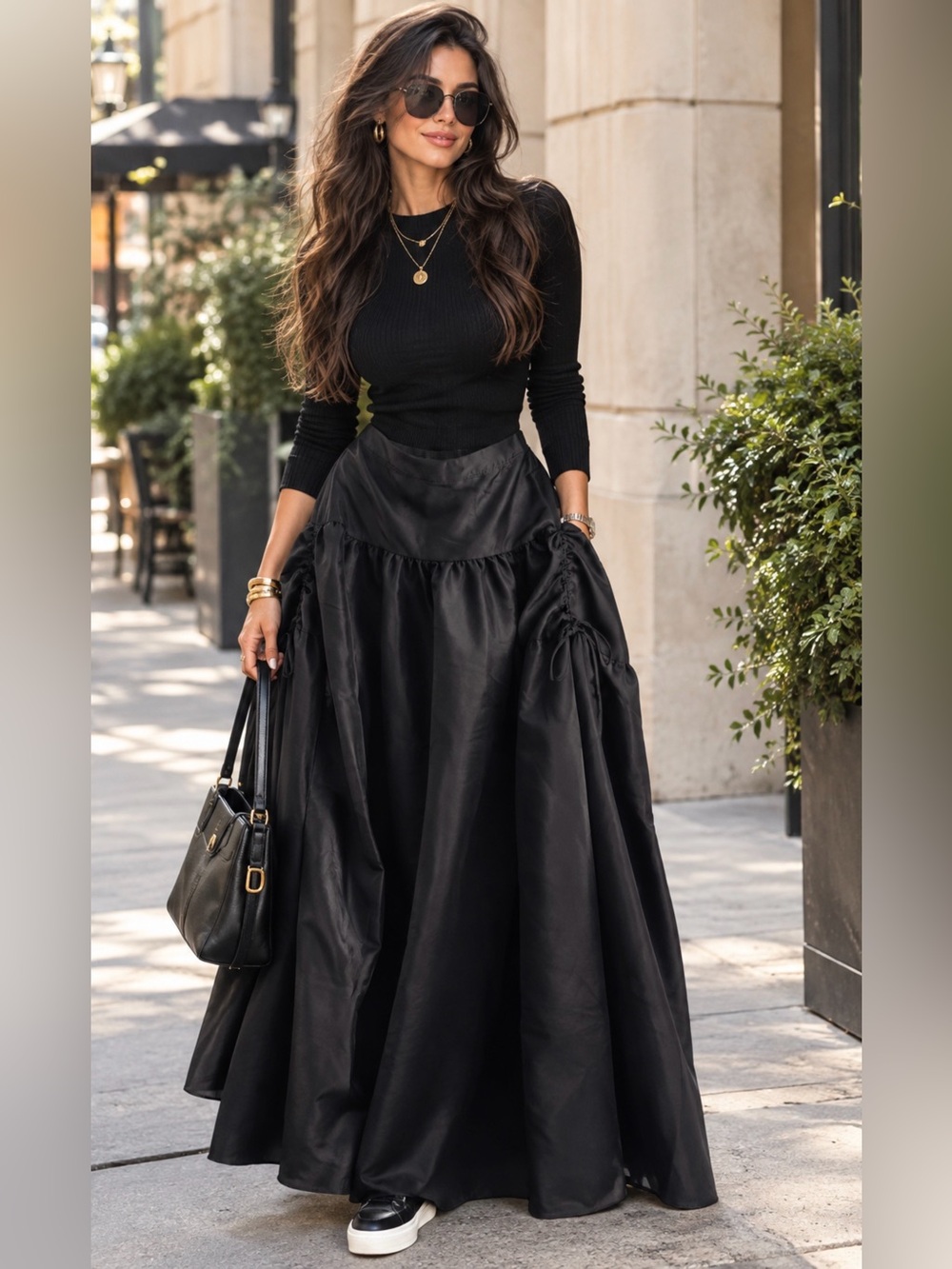 NWT Free People Black Full Satin Maxi Skirt with Side Cinching-M